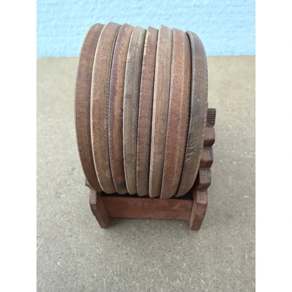 Vintage Wooden Coaster Set with Painted‎ Tulip Holder 6 Piece Rustic Folk Art
